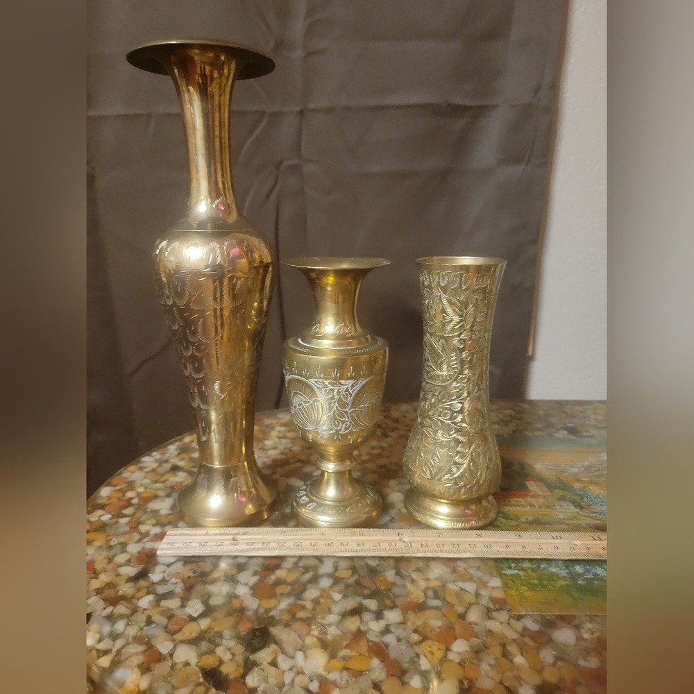 set‎ of 3 brass vase etched ingraved handcrafted India 12" 7" MCM